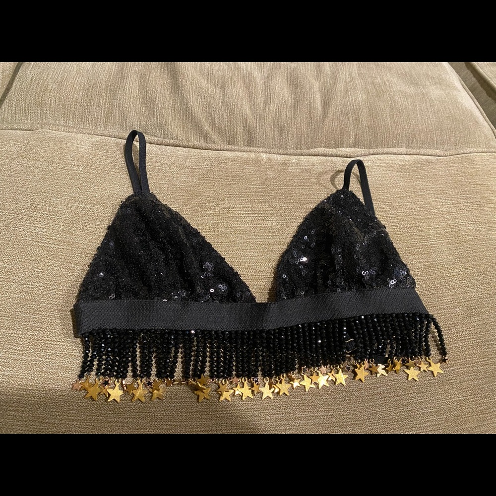Sequin Fringe Black Crop Bralette